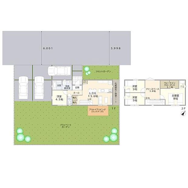 ガーデンスペースを広くとった、敷地を有効活用した配置です！