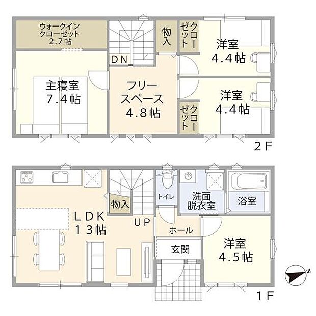 ご要望の多い4LDKタイプの間取りです。1Fの洋室は、家事室にも来客にも使える「あると便利」なお部屋です♪