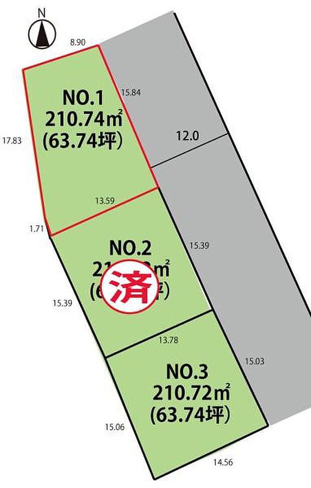 3区画のミニ分譲地の一画にある土地です。