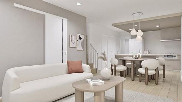 家族の集うLDK空間。リビングに階段を設置することで、家族のコミュニケーションが自然に生まれます。※パースはイメージです。