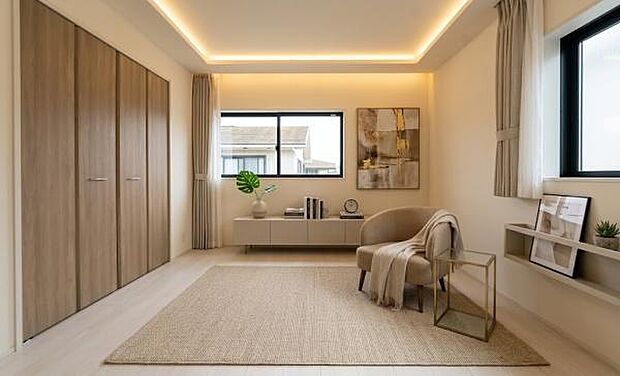「Bed Room」落ち着いた色合い、シンプルなデザイン。寝室として大事なお部屋です。（本画像はCGにて家具を配置しております。実際に家具はおかれておりません。）