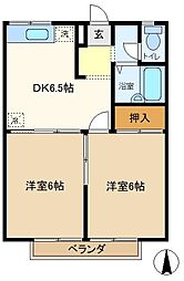 アーバン原2 2階2DKの間取り