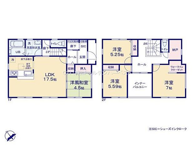 広々とした17.5帖のLDKが魅力の間取りです。洋風和室やウォークインクローゼットも完備しています。2階には広めの洋室が3部屋あり快適な居住空間を提供します。