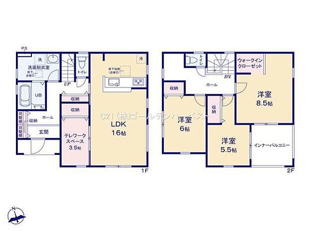 広々とした16帖のLDKが魅力の間取りです。2階には8.5帖の洋室があり快適なプライベート空間を提供します。テレワークスペースも完備され在宅勤務に便利です。