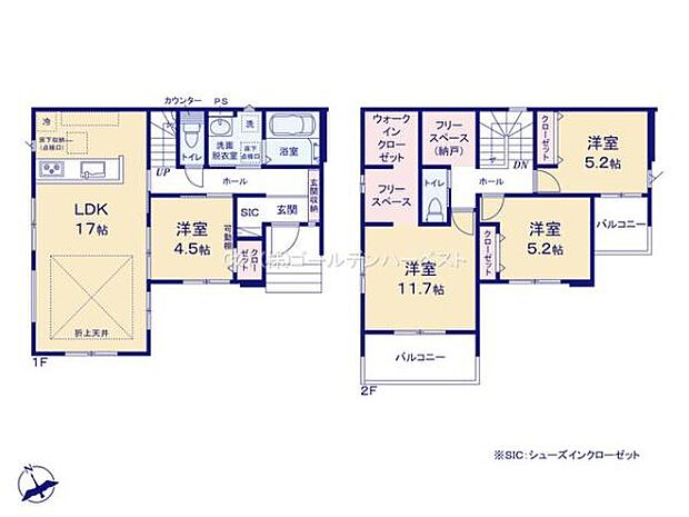 ゆとりあるLDK17帖が印象的な間取りです。2階には洋室が3部屋あり多用途に使えます。ウォークインクローゼットやシューズインクロークなど収納スペースが充実しています。