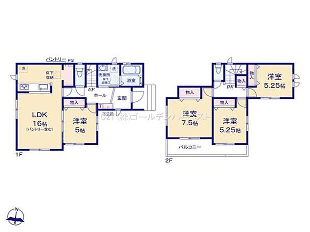 1階と2階に分かれた間取りで各部屋はゆとりある広さが特徴です。リビング・ダイニング・キッチンは16帖で開放感があります。収納スペースも複数あり暮らしやすい設計です。