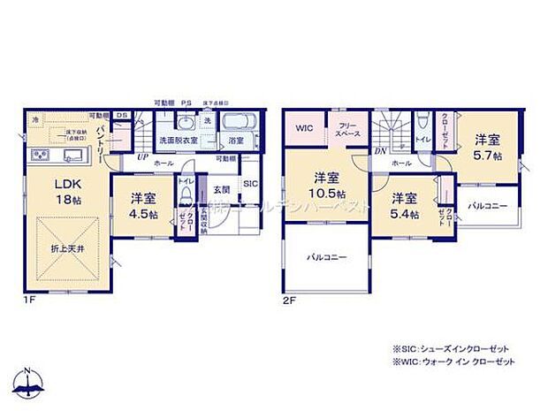 1階と2階で分かれた間取りが特徴的です。LDKは18帖ありゆったりとした広さを感じられます。各洋室には収納スペースが確保されています。