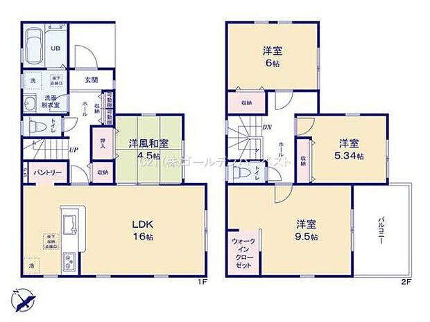 1階はLDKが広く隣接する洋風和室も便利に使えます。パントリーや収納スペースが豊富で家事動線も分かりやすい間取りです。2階には洋室が3部屋あり全居室に収納が備わっています。