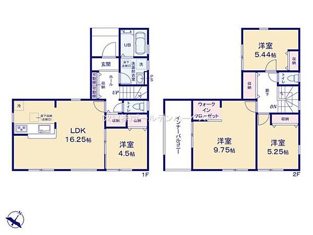 1階と2階に洋室がありさまざまな使い方が可能です。LDKが16.25帖と広めで開放感があります。ウォークインクローゼット付きで収納も充実しています。水回りがまとまっていて家事動線がスムーズです。