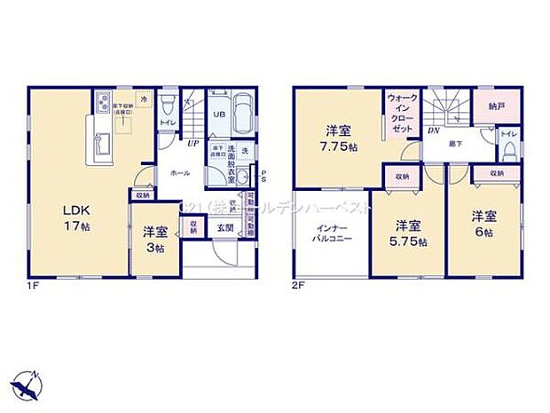 1階と2階に分かれた使いやすい間取りです。居室数が多くさまざまな用途に対応できます。ウォークインクローゼットや収納スペースも充実しています。LDKは開放的な17帖でゆとりのある空間設計です。