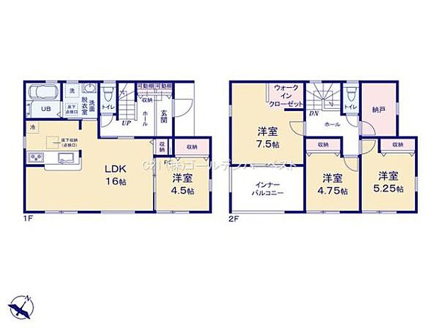 ゆとりある16帖のLDKが特徴的です。全居室に収納スペースが備わっています。2階にはウォークインクローゼットも設置されています。インナーバルコニー付きです。4部屋の洋室がある間取りです。