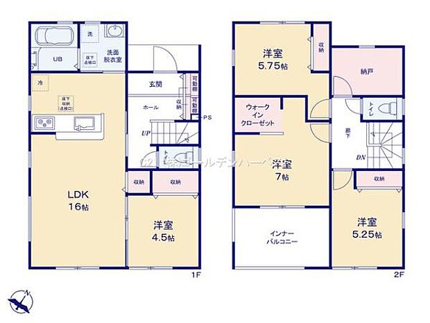 二階建てで各部屋がバランスよく配置されています。リビングダイニングは16帖の広さが確保されており開放感があります。ウォークインクローゼットやインナーバルコニーなどの設備も整っています。