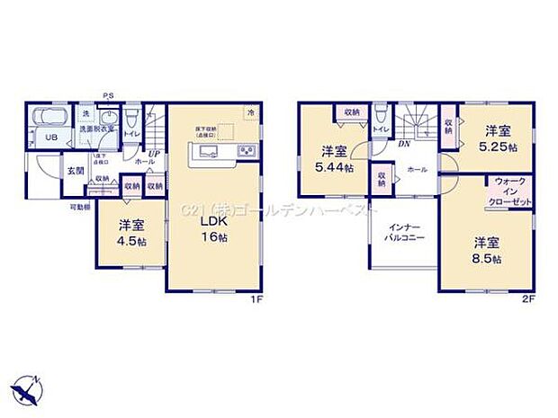 各部屋ごとに収納スペースが設けられており整理整頓しやすい間取りです。1階と2階に洋室が配置されていて用途に合わせて使い分けができます。LDKは16帖と広くゆったりとした空間を確保しています。