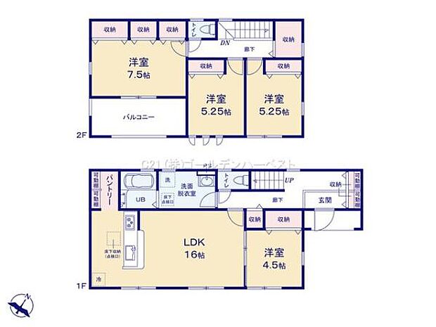 各部屋に収納が備わっており使い勝手に配慮された間取りです。リビングダイニングが16帖と広々していてゆとりある空間です。2階には複数の洋室があり用途に合わせて利用できます。