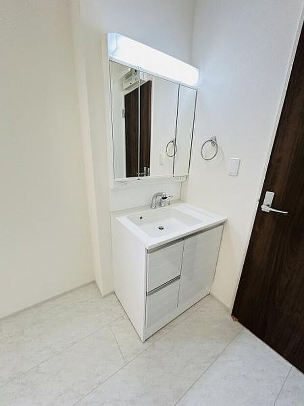 洗面台はシンプルで清潔感のあるデザインです。収納スペースも備えており整った印象です。明るい照明付きの鏡で使いやすい仕様です。扉や床の色合いが空間を引き締めています。