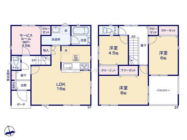 1階と2階に分かれた間取りで各階に使いやすい収納スペースが配置されています。LDKは16畳と広く快適な居住空間が広がっています。