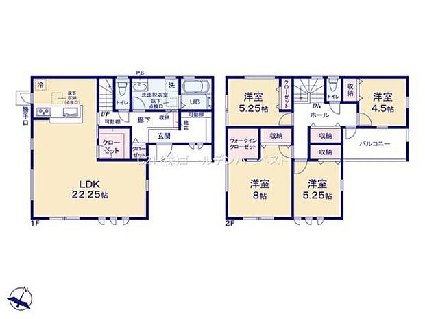 LDKが22.25帖と開放感のある間取りです。収納スペースが豊富に用意されています。2階にはウォークインクローゼットを設けています。洋室が4部屋あり用途に合わせて活用できます。