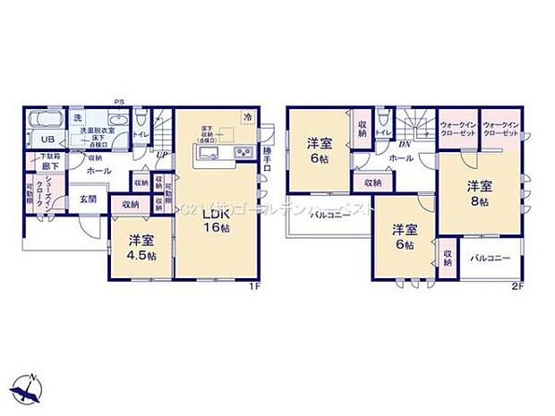 ゆとりのあるLDK16帖は家族や友人とくつろぐ空間として活用できます。各部屋に収納を備えすっきりとした生活が可能です。2階には使い勝手の良いウォークインクローゼットも配置されています。