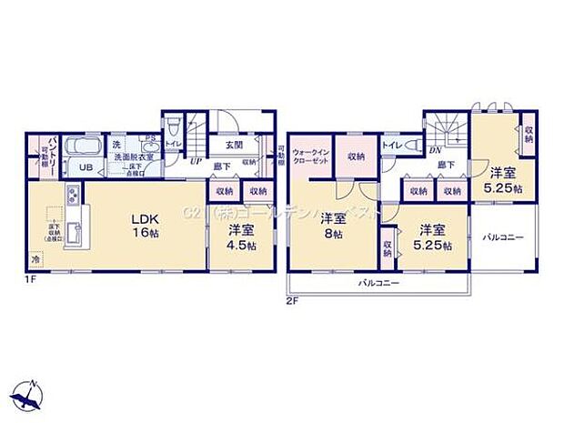 1階と2階にわたるゆとりのある間取りです。各所に収納スペースが豊富に設けられております。3つの洋室は様々な使い方が可能です。ウォークインクローゼットも備えられています。バルコニーが十分な広さです。