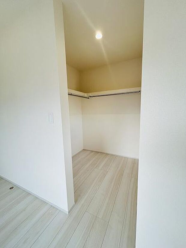 ゆとりのある広さを備えた収納スペースです。棚とハンガーパイプが設置されており整理しやすい造りになっています。明るい色合いの床材で収納内も清潔感があります。照明付きで使い勝手にも配慮されています。