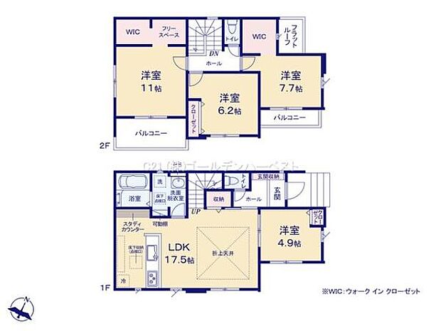 ゆとりある4LDKの間取りは各部屋に十分なスペースが確保されています。2階は複数の洋室があり便利なバルコニーも付帯。1階リビングダイニングは家事動線も工夫されています。