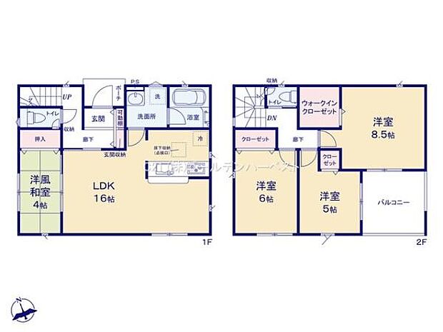 リビングダイニングキッチンは広々とした16帖で家族の時間をゆったりと過ごせます。全室収納付きで荷物がすっきり片付きます。