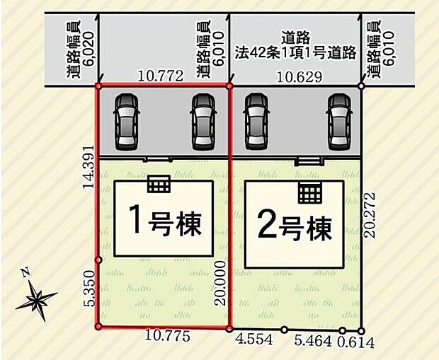 区画図が明確で敷地の広さや形状が一目で分かります。駐車スペースが複数台分あり使い勝手に配慮されています。それぞれの敷地境界がはっきり示されており敷地の配置や接道条件が分かりやすいです。
