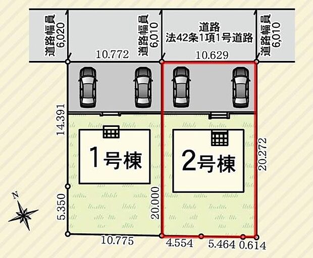 区画図が明確で敷地の広さや形状が一目で分かります。駐車スペースが複数台分あり使い勝手に配慮されています。それぞれの敷地境界がはっきり示されており敷地の配置や接道条件が分かりやすいです。