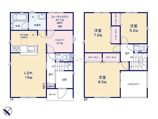1階には広々としたリビングダイニングとキッチンが配置されています。各部屋には収納スペースが充実しており使い勝手の良い間取りです。