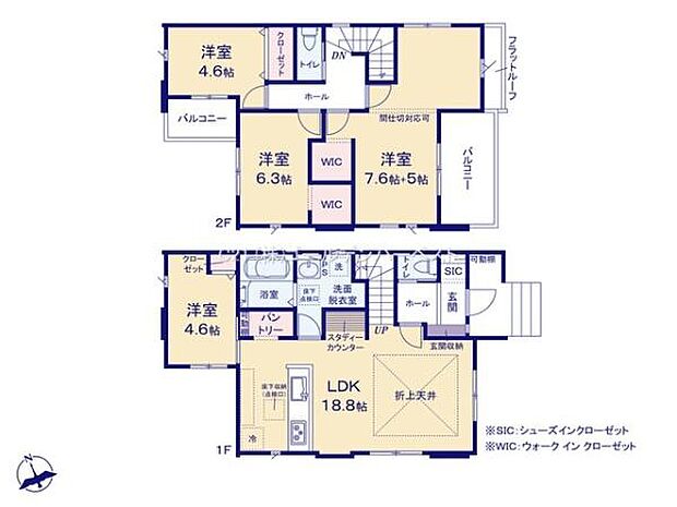 ゆとりあるLDKは約18.8帖で開放感が感じられます。ウォークインクローゼットやシューズインクロークなど収納も充実しています。全室に窓があり採光が得られる間取りです。