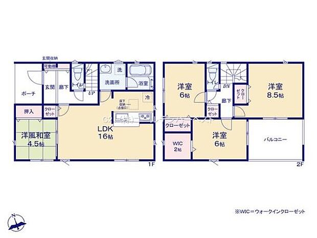 二階建ての間取りで各部屋の広さがしっかり確保されています。ウォークインクローゼットやバルコニーも配置されており住みやすさに配慮されています。1階には16帖のLDKがありゆったりとした空間を確保。