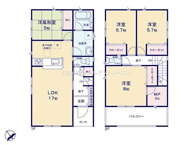 各部屋に収納スペースが確保されており荷物の整理がしやすい間取りです。2階にはバルコニーがあり採光にも配慮されています。LDKが広々としているため空間を有効活用できます。