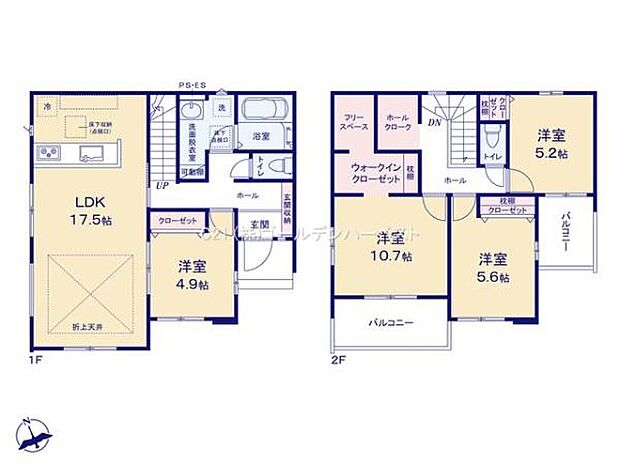 各居室がゆったりとした間取りで使い勝手の良さが特徴です。17.5帖のLDKは広々とした空間を確保しています。収納スペースも多くウォークインクローゼットが便利です。