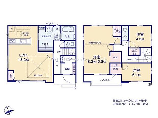 収納スペースが豊富でシューズインクローゼットやウォークインクローゼットを備えています。LDKは18.2帖の広々とした空間です。各居室も十分な広さがありさまざまなレイアウトに対応できます。