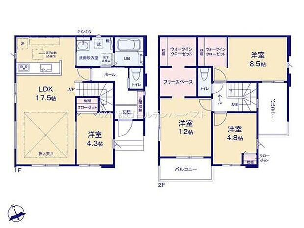 広々としたリビングダイニングキッチンが魅力の間取りです。2階には多用途に使えるフリースペースを備えています。ウォークインクローゼットもあり収納が充実しています。