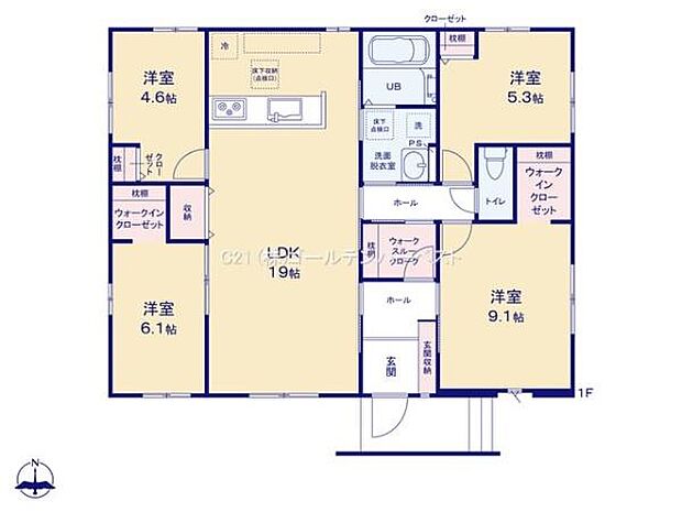 各部屋がバランスよく配置されており使いやすさを感じられる間取りです。ウォークインクローゼットや収納スペースも充実しています。広々としたLDKが住空間にゆとりをもたらします。