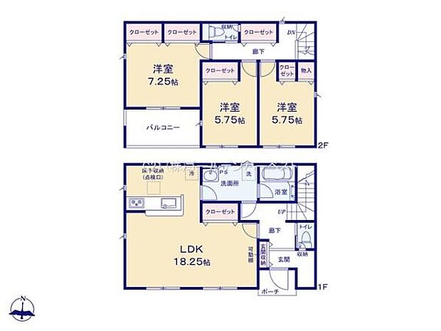 ゆとりあるリビングダイニングキッチンは18.25帖の広さがあります。2階にはクローゼット付きの洋室が3部屋配置されています。バルコニーや収納スペースも確保されており快適な住空間が魅力です。