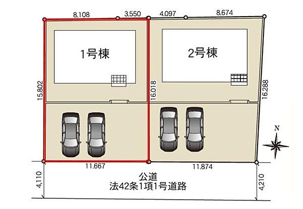 区画図から全体の配置がすっきりと分かります。それぞれの建物には駐車スペースが2台分確保されています。道路幅も明記されており車の出し入れも検討しやすいです。土地のサイズや形状も視認しやすい配置です。