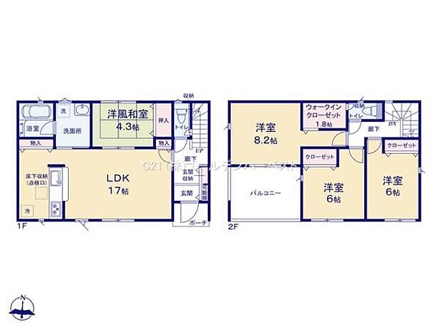 二階建ての間取りで1階は広々としたLDKと洋風和室が特徴です。2階には3つの寝室がありウォークインクローゼットなど収納スペースも充実しています。水回りも1階にまとまっているので生活動線が便利です。