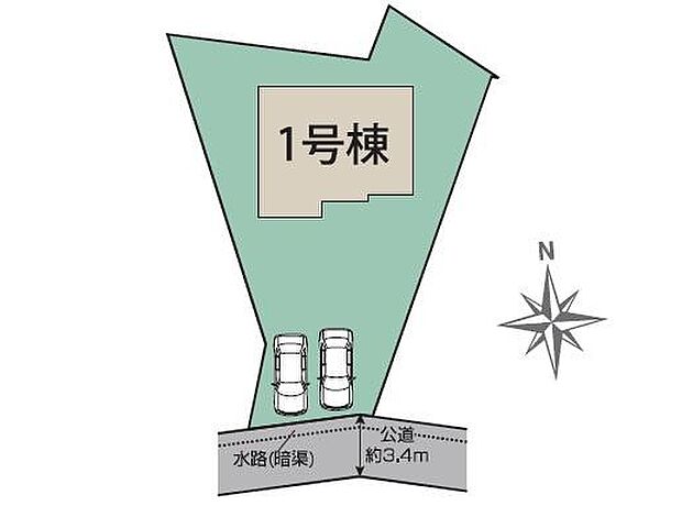 駐車スペースが2台分確保されており車をお持ちの方にも便利です。敷地がゆったりとしているため周囲との距離感も取れます。南向きの玄関配置で日当たりも期待できます。前面道路が約3.4m幅で開放感があります。