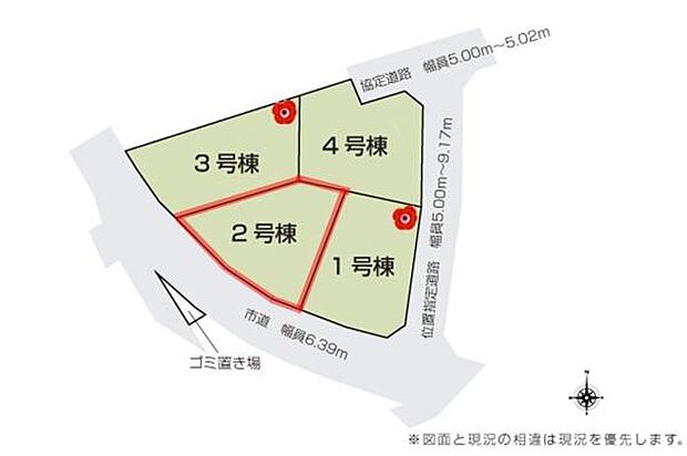 全4区画の区画図です。各区画の配置が分かりやすく記載されています。道路幅も明記されておりアクセスしやすい造りです。市道に面しているため利便性を感じられます。