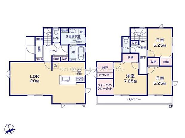 1階には広々としたLDKがあり家事動線に配慮した水回りが集約されています。2階には洋室が3部屋ありそれぞれ収納が設けられています。ウォークインクローゼットも備えており収納スペースが充実しています。