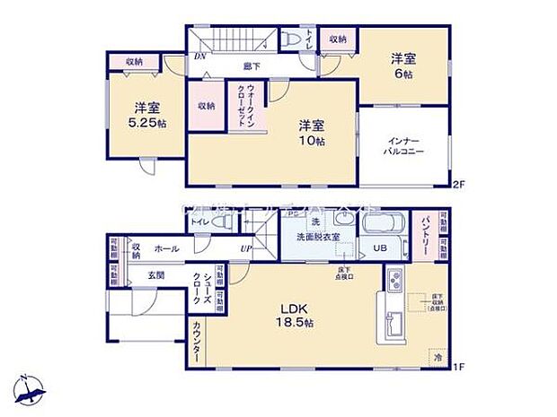 各部屋に収納スペースがしっかり設けられております。広々とした18.5帖のLDKが魅力的です。2階には10帖の洋室をはじめとした3部屋が配置されております。動線がスムーズな設計となっております。