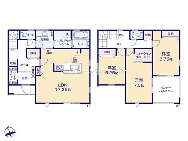 ゆとりある17.25帖のLDKで開放感のある空間設計です。各部屋に収納が充実しており使い勝手の良さが魅力です。ウォークインクローゼットやインナーバルコニーも備わっています。