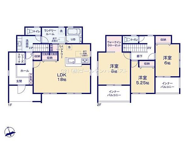 1階には18帖の広々としたLDKとランドリールームがありスムーズな家事動線が魅力です。2階には各部屋が独立して配置され6帖の洋室やウォークインクローゼット付きの洋室など使い勝手に配慮されています。