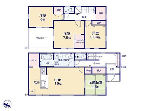 全居室に収納が備わっておりすっきりとした空間を保つことができます。2階にはウォークインクローゼットがあり収納力が充実しています。1階リビングは16帖と広々としており和室との繋がりもあります。