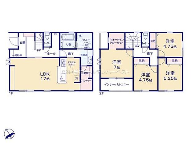 1階には広々としたLDKがあり日々の快適な生活をサポートします。2階には3つの洋室とウォークインクローゼットが配置され収納スペースも充実しています。インナーバルコニーもあり便利な設計が特徴です。
