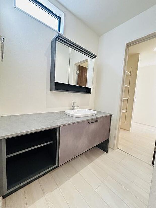 洗面所はシンプルで洗練されたデザインが特徴です。収納スペースが充実しておりすっきりとした空間となっています。大きなミラーキャビネットが備え付けられていて使い勝手にも配慮されています。