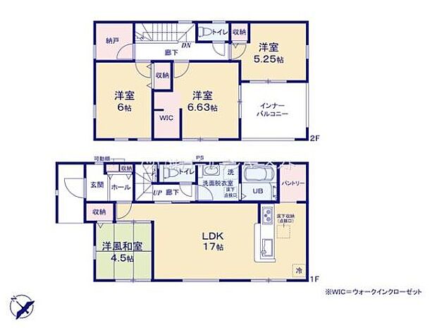 二階には洋室が三部屋あり収納スペースも充実しています。リビングダイニングキッチンはゆとりのある広さが魅力です。一階には洋風和室も配置され多目的な使い方が可能です。