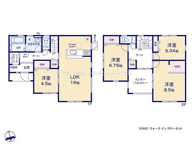 ゆったりとしたLDKは16帖あり広さがしっかり確保されています。2階にはウォークインクローゼット付きの洋室があり収納スペースも充実。全居室に収納が設置されているので整理整頓に便利です。